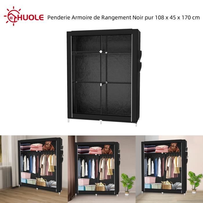 Penderie Armoire de Rangement HUOLE - Noir pur - 108 x 45 x 170 cm - 2 barres de suspension