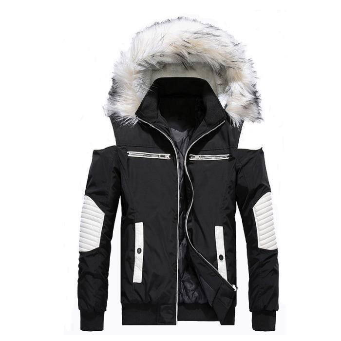 FONDUPIN Doudoune homme a Capuche hiver Epais chaud Fermeture zipee Coupe slime Design de contraste de mode Noir bleu