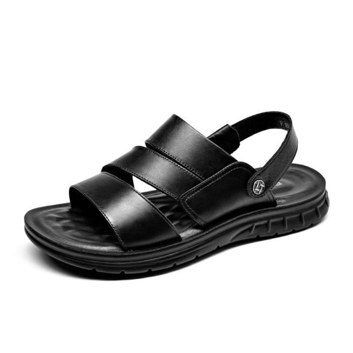 Sandales Homme Cuir Bout Ouvert Respirante Confortable Pour Plage - AIEVIS - Jaune - Basse