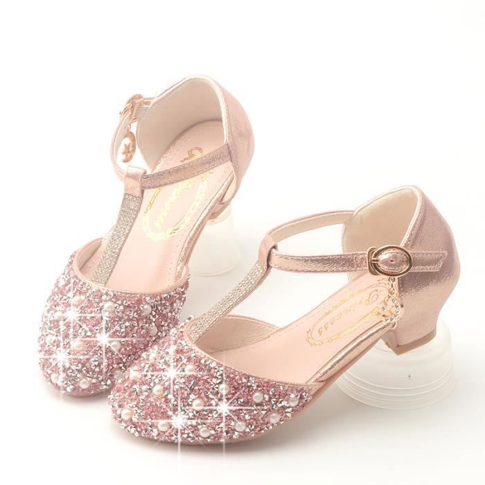Enfants sandales d ete Sandales a talons hauts et lanieres en T pour filles chaussures de princesse robe de danse a paillettes d Pink sandal Cdiscount Chaussures