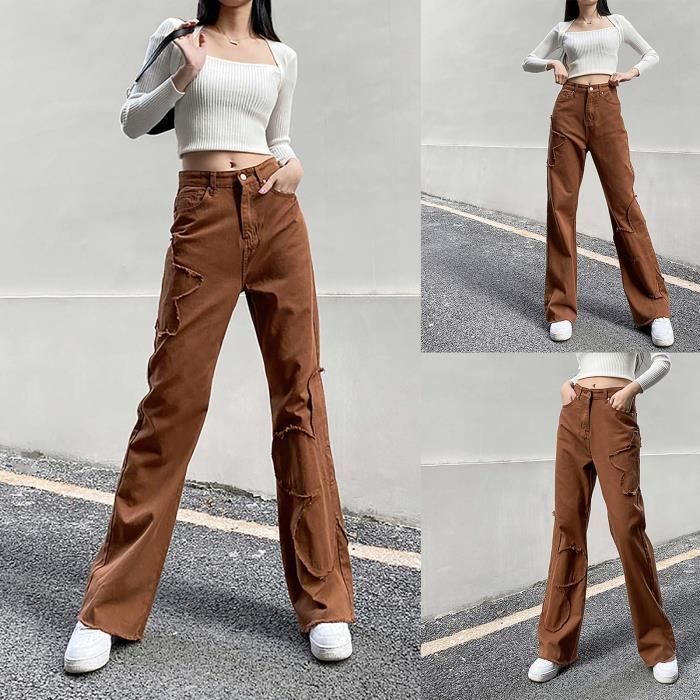 Jean droit all match decontracte taille haute pour femme avec surpiqures a fleurs marron Marron Cdiscount Pret a Porter