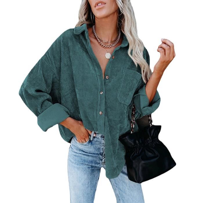 Chemise en Velours Cotele pour Femme Chemisier Boutonne Ample a Manches Longues col en V Chemise avec Poche Poitrine Vert Vert Cdiscount Pret a Porter