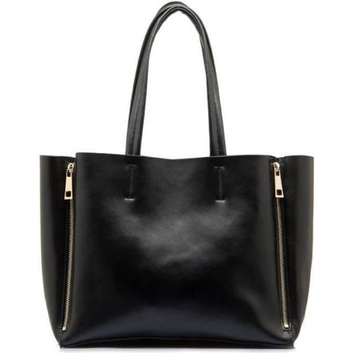 Tote Bag Sac Shopping en Cuir Véritable Sac à Main Femme Noir