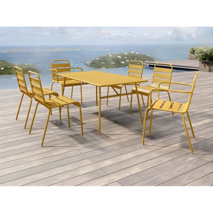 Salle à manger de jardin en métal - une table L.160 cm avec 2 fauteuils empilables et 4 chaises empilables - Jaune moutarde - MIRMAN