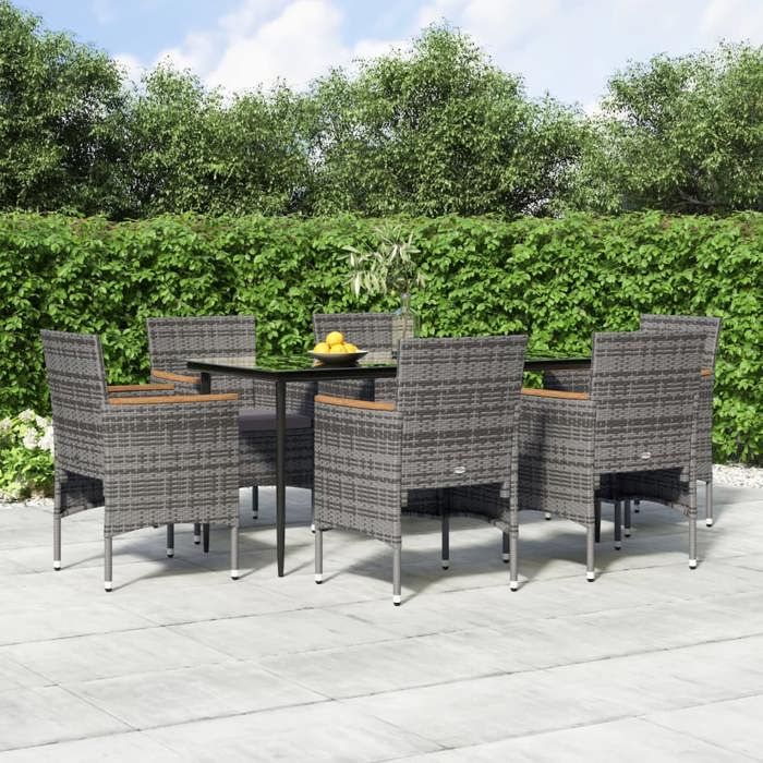 vidaXL Ensemble à manger de jardin coussins 7pcs Gris et noir ensemble de salle à manger dextérieur table et chaise de 3156645