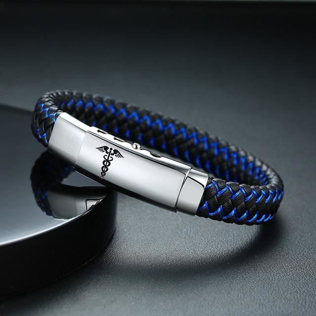 Bracelet de diabete BL 463S 1 Bracelets medicaux personnalises pour hommes gravure gratuite elegant en cuir tresse pour hommes Achat Vente bracelet gourmette Bracelets medicaux personnalis Cd