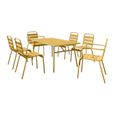 Salle à manger de jardin en métal - une table L.160 cm avec 2 fauteuils empilables et 4 chaises empilables - Jaune moutarde - MIRMAN-1
