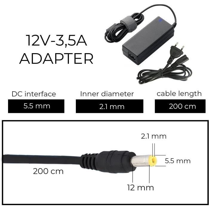 Alimentatore Universale 12V 3.5A 42W – Cavo 202cm, Connettore 5.5x2.1mm, Sicurezza Integrata Per Router LED E TV Box