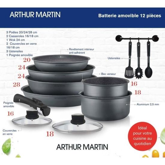 Batterie de cuisine Arthur Martin AM268GM 12 pièces - Aluminium - Poignée  amovible - Tous feux dont induction - Cdiscount Maison