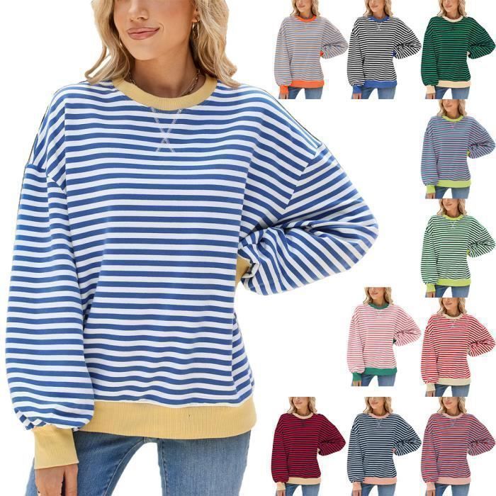 Pull Femme Manches Longues - Motifs Fleurs Et Rayures - Tissu Doux (Polyester/Polyamide/Acrylique) - Taille Ample S à XL - 6