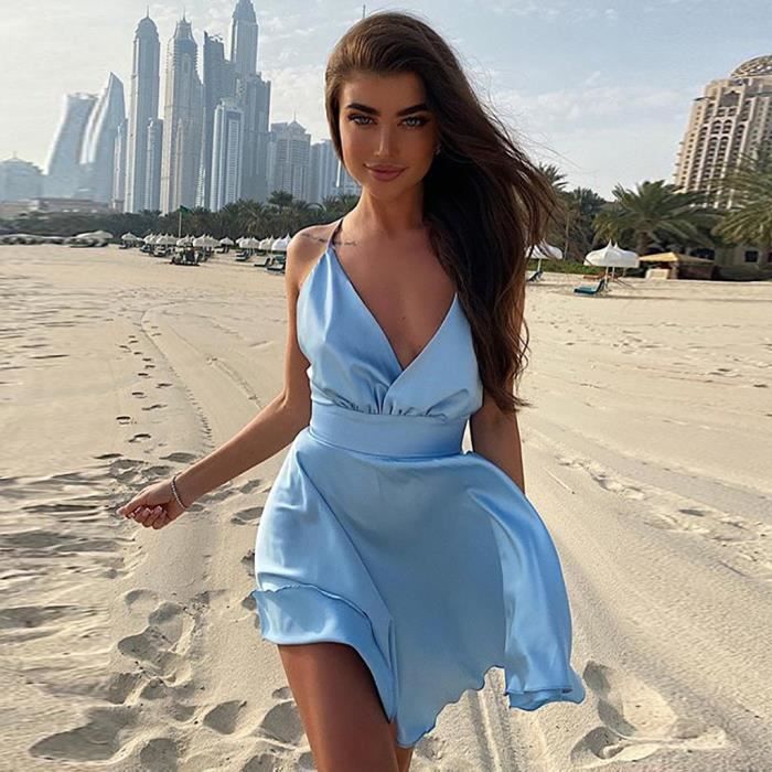 Robe Mini robe en Satin pour femme Sexy dos nu n ud papillon bretelles croisees tenue de soiree mode Club ete Type Yellow Blanc Cdiscount Pret a Porter