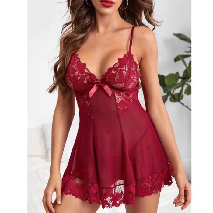 Femme Ensemble de Lingerie Dentelle Col V Erotique Nightwear Robe de Nuit Nuisette Transparente Babydoll avec String Rouge Rouge Cdiscount Pret a Porter