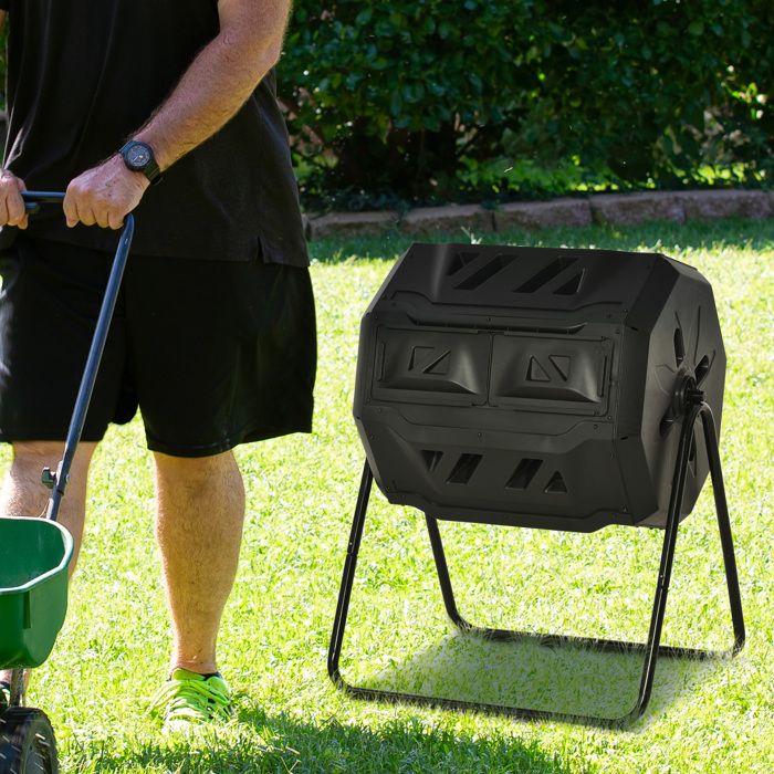 Composteur de jardin - Outsunny - bac compost déchets rotatif 360° double chambre 160 L - acier PP - noir - Jardin