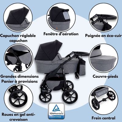 Poussette 3-en-1 GaGaDumi Florida Complète Avec Nacelle Et Siège Auto - Noir/Noir