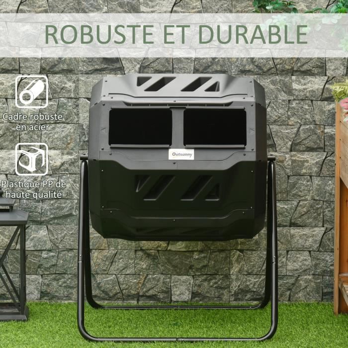 Composteur de jardin - Outsunny - Double chambre 160 L - Rotatif 360° -  Acier noir PP vert gris - Cdiscount Jardin