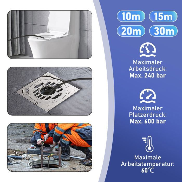 Tuyau de Nettoyage Canalisation 30 m – Buse 1 3 Jets | 160 Bar