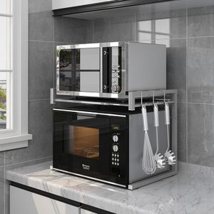 NETEL Etagere Micro Onde Cuisine Rangement Extensible,étagère Plan Travail pour Microwave à 3 Niveaux, Support pour Four, Microwave Oven Storage Rack avec Porte-Tasse et avec 8 Crochets, Noir