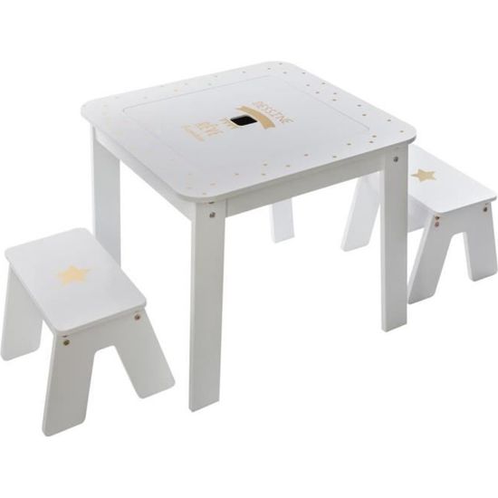 Table bac enfant + 2 tabourets - Blanc et doré - ATMOSPHERA - L 57 x P 57 x H 51 cm - Enfant - Bois MDF