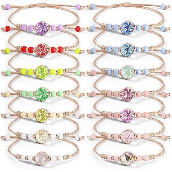 14 Bracelets D'amitié Enfant Avec Fleurs Séchées – Réglables – Multicolores – Cadeau Anniversaire Ou Fête – Filles Et Garçons