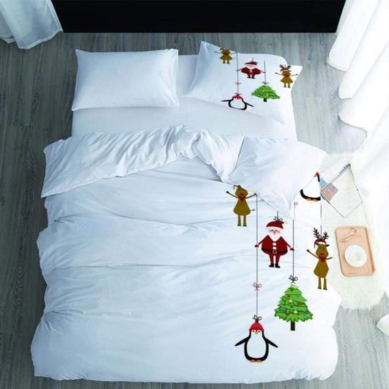 Housse De Couette Noël 220x240cm Avec 2 Taies D'oreiller - Motif Père Noël, Cerfs, Arbre De Noël 3D - Microfibre Douce - 8