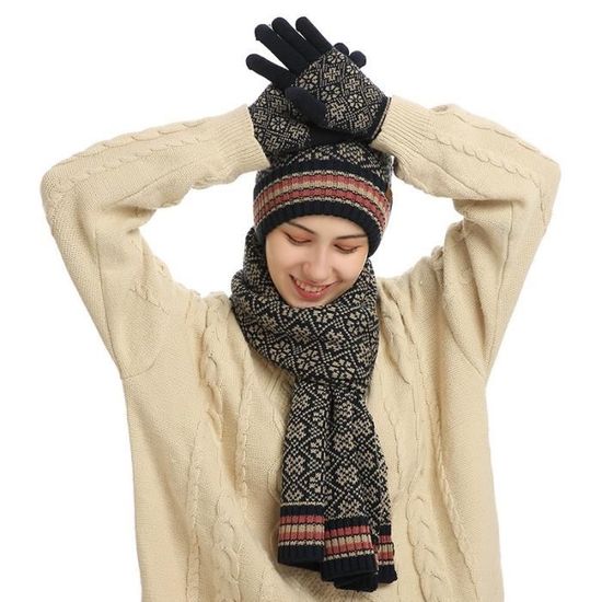 Coffret Bonnet Echarpe Femme Voqeen Ensemble De Bonnet, U00e9charpe Et Gants D'hiver Chauds Packs Bonnet, écharpe Et Gants Fille