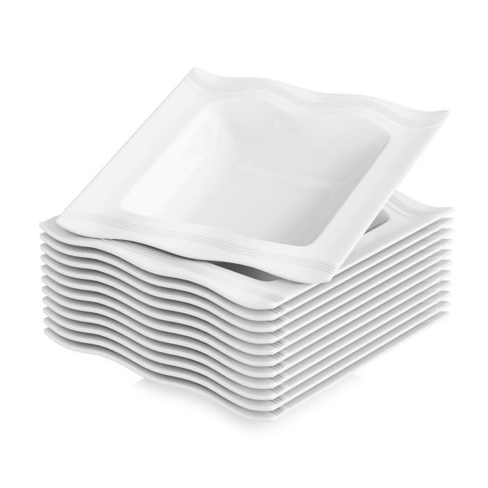 12pcs Assiettes Creuse 21cm Porcelaine Vaisselles Assiette à Soupe Pâte Carré Plat Service de Table Malacasa Série MARIO