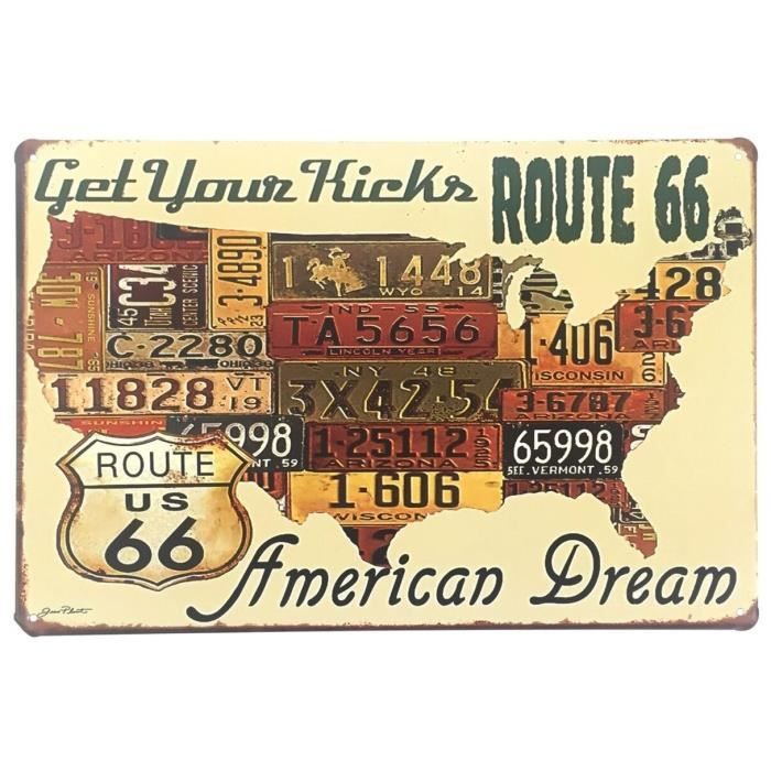 Cadre Tableau Plaque Murale métal Carte USA - Etats-Unis - Route 66 - Vintage rétro - 30 x 20 cm