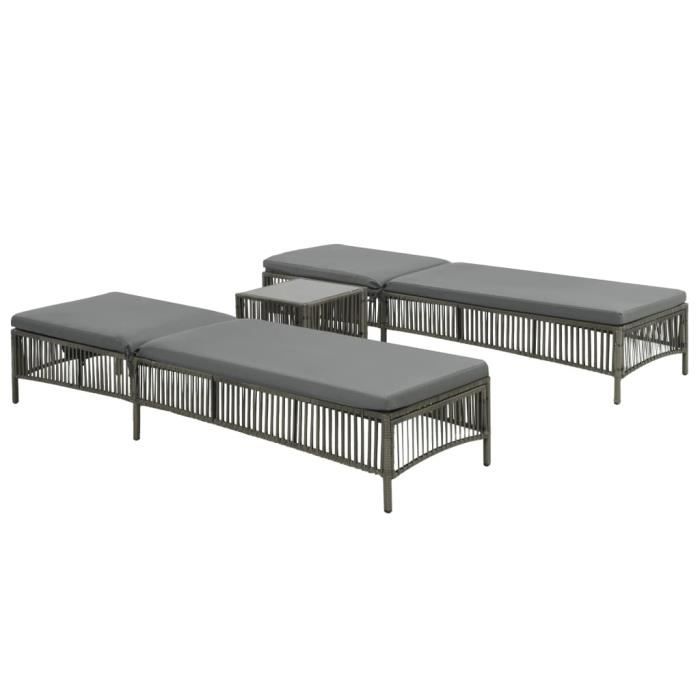 Magnifique - Lot de 2 Chaises longue Bain de soleil Chaise de Repose avec table - Résine tressée Gris