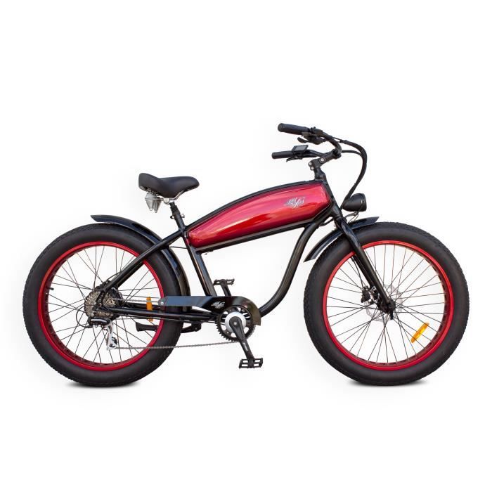 Outlaw - Noir et rouge - 250W-10Ah - Vélo Électrique Cruiser Vintage Retro Chopper