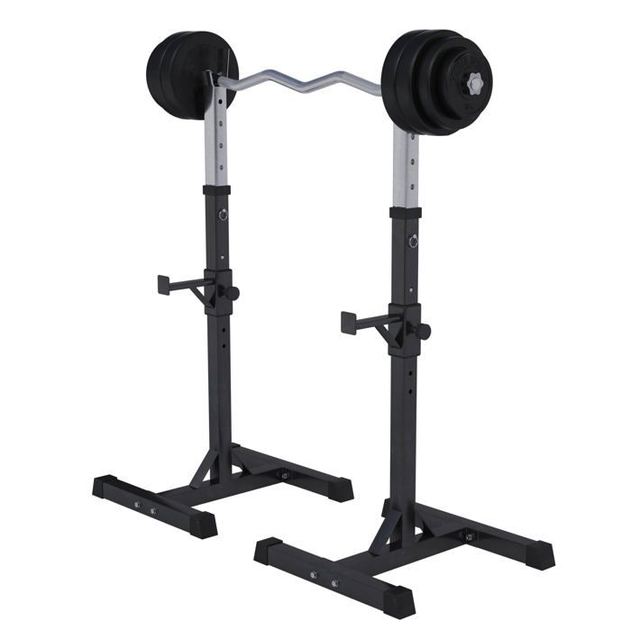 Gorilla Sports - Repose haltères pour haltères longs + Set d'haltéres avec disques en plastiques + barre curl 35 kg Noir