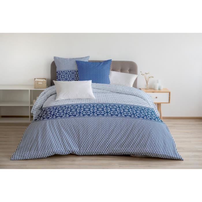 Housse de Couette 3 Pièces - 100% Coton 57 Fils - 2 Personnes 220x240 cm - NUIT BERBERE Bleu Blanc
