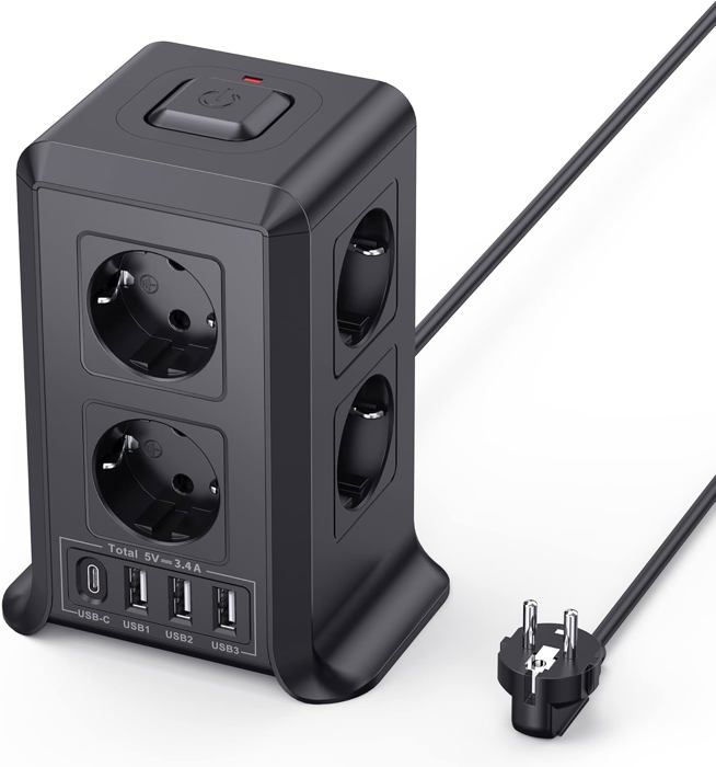 Tour Multiprise 6 Prises et 4 USB avec 2m Câble, 2500W/10A Multiprises