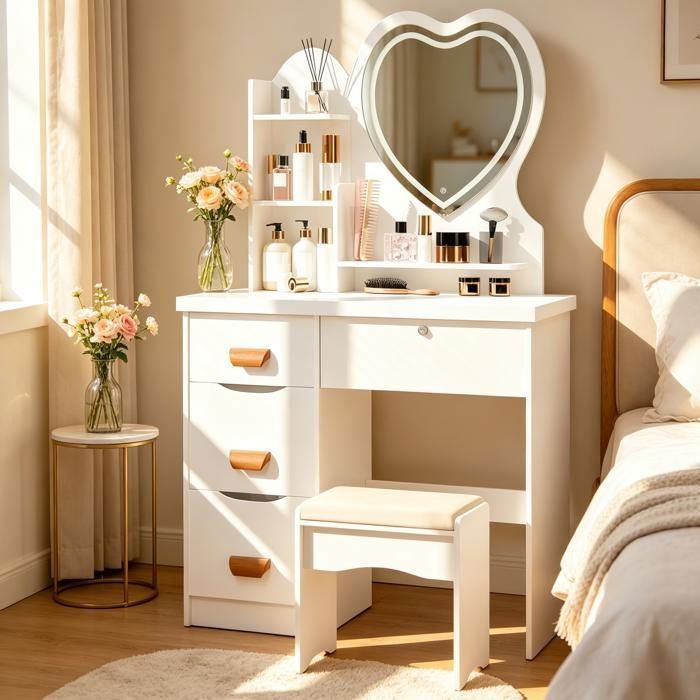 Coiffeuse avec tabouret - CREMLANK - 4 tiroirs - 80X40X135CM - En forme de cœur - éclairé par LED