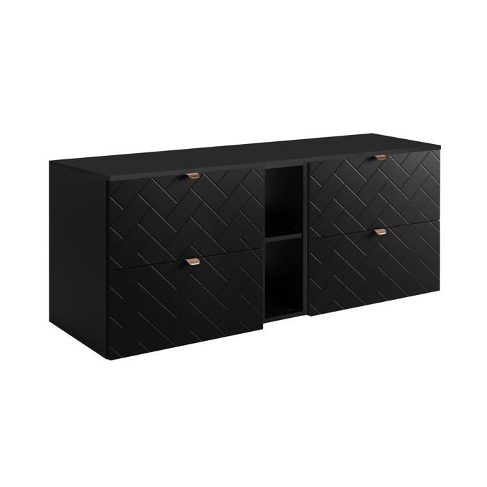 Meuble de salle de bain suspendu - MARQUE - Noir - 140 x 57 x 46 cm - 4 tiroirs - Poignée dorée