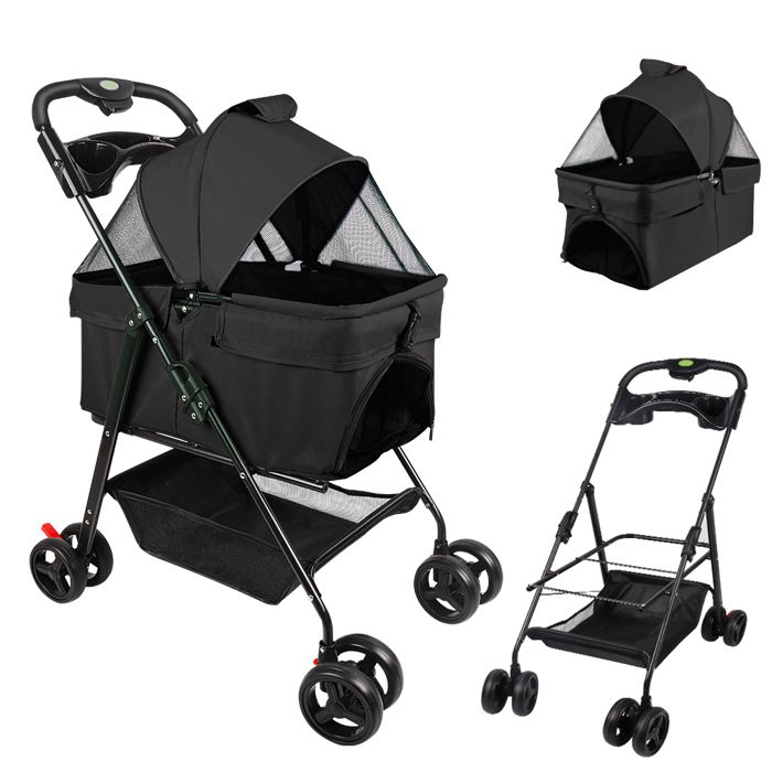 Comparer les prix de NOIR Poussette pliable 3-en-1 pour Chien chat animaux, Sac de transport amovibl, Avec panier de rangement et porte-gobelet,