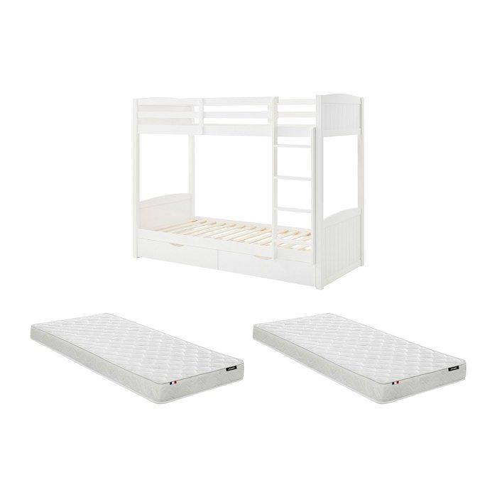 Lits superposés 2 x 90 x 200 cm - 2 tiroirs - Pin et MDF - Blanc + Matelas - LIMODARA