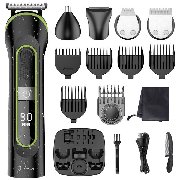 Hatteker TONDEUSE CHEVEUX 5 en 1 - Tondeuse Barbe Nez & Oreilles Sans Fil Rasoir Étanche Homme Coupe-Cheveux Multifonction
