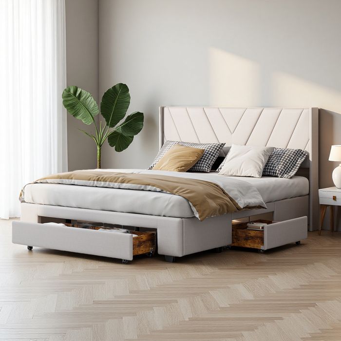 Lit 160x200 cm - 231205TT - Tissu en lin beige - 3 tiroirs rangement - Sommier à lattes