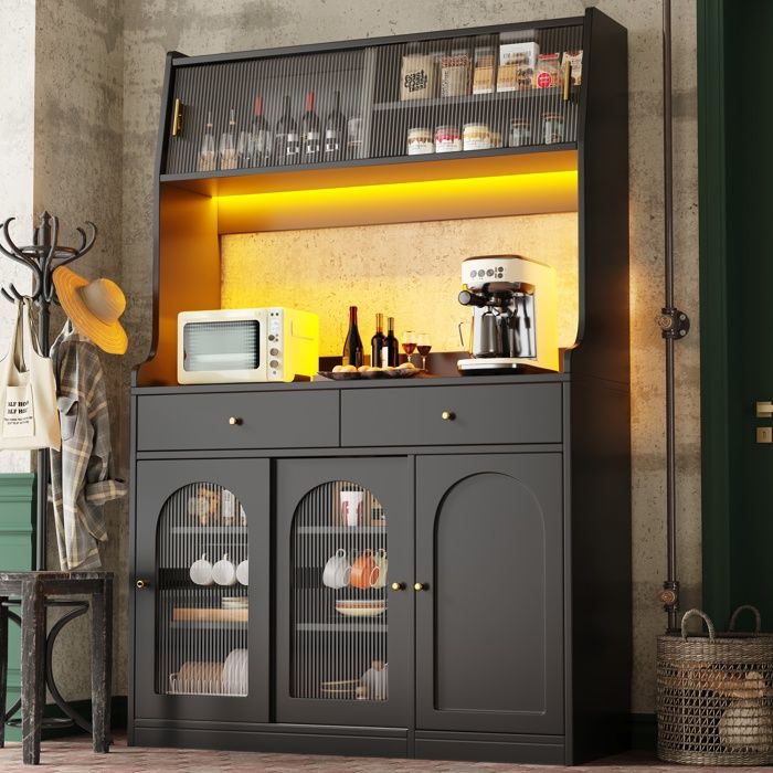Buffet Haut de Cuisine Noir avec LED Vaisselier Armoire avec Tiroirs et Étagères Réglables 120 x 40 x 180 cm Buffet Haut de Cuisine Noir avec LED Vaisselier Armoire avec Tiroirs et Étagères Réglables 120 x 40 x 180 cm