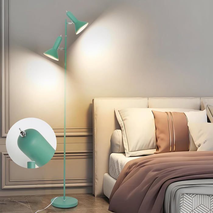 Amdelne Lampadaire sur Pied Vintage Vert-Métal 262cm 2x E27 60W Max Lampe de Lecture Pour Salon/Chambre/Bureau Sans Ampoule