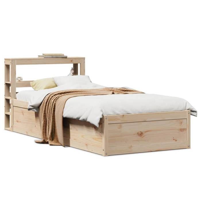Structure de lit en bois de pin massif - UU - 90x190 cm - Brun - Étagères de rangement - Sommier à lattes