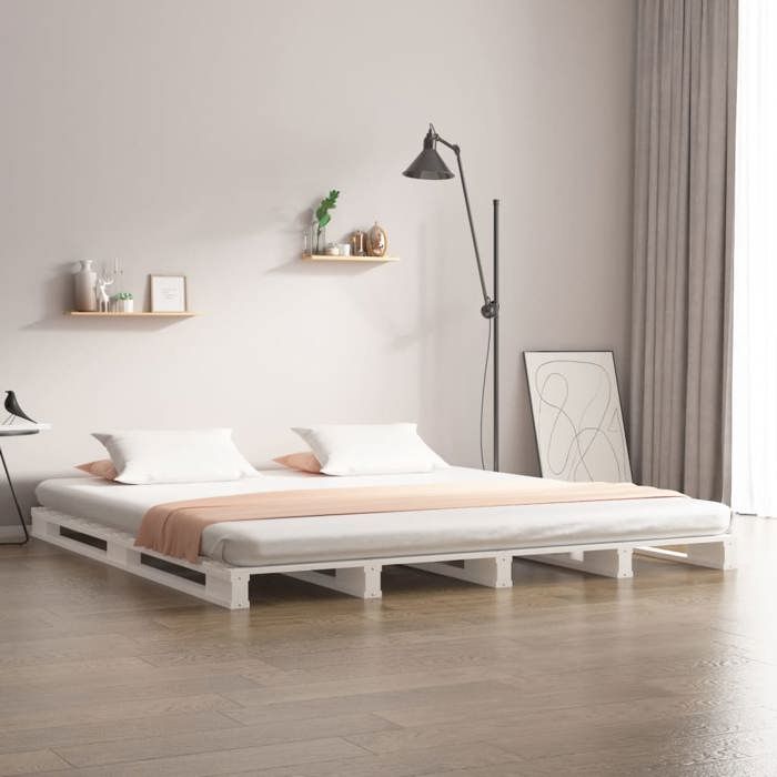 Lit palette en bois de pin - UU - 180x200 cm - Blanc - Bois de pin massif - Cadre robuste - Lattes pratiques