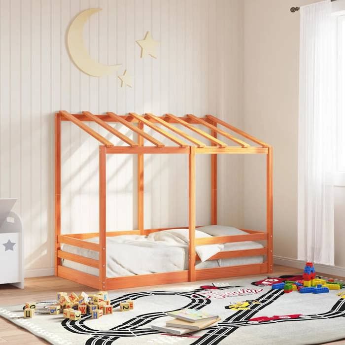 Lit pour enfants en pin massif - UU - 80x160 cm - Cire marron - Pin massif - Lattes en contreplaqué