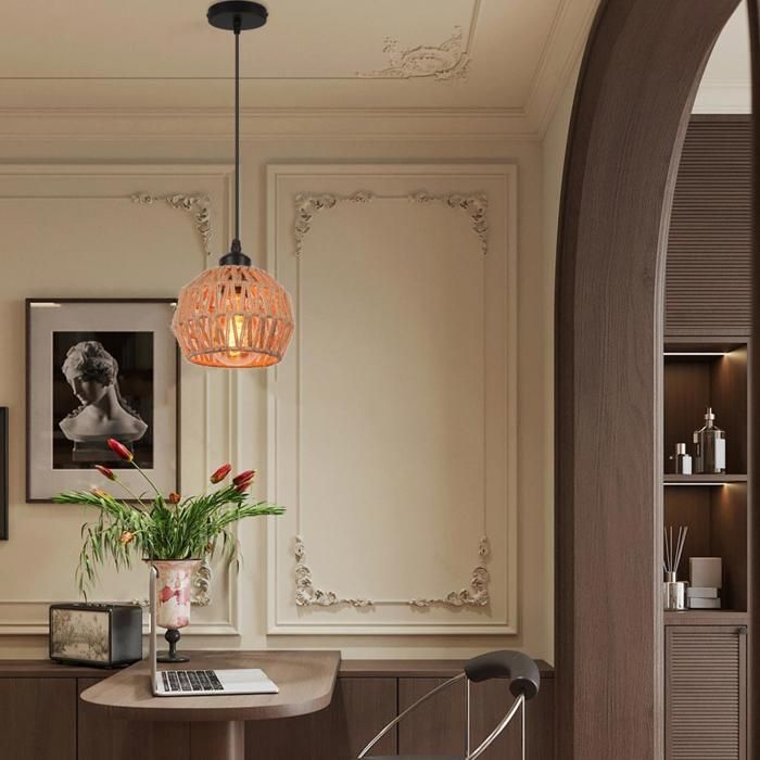WOTTES 1 x Suspension Luminaire Vintage Lustre Industriel en Corde de Chanvre et Métal Ø16cm Abat-jour Éclairage Cuisine