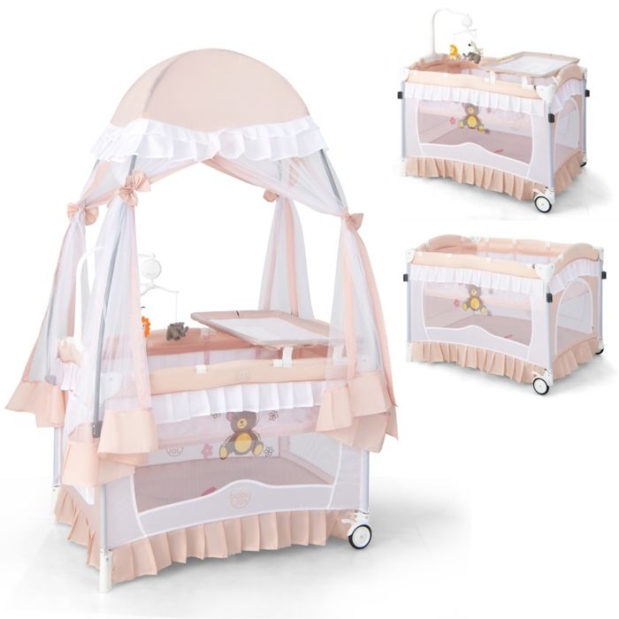Lit Bébé Parapluie Bébé Pliant 4 en 1 COSTWAY-MatelasMoustiquaire de YourteTable à Langer-2 Roues-Boîte à Musique3 Jouets-Rose