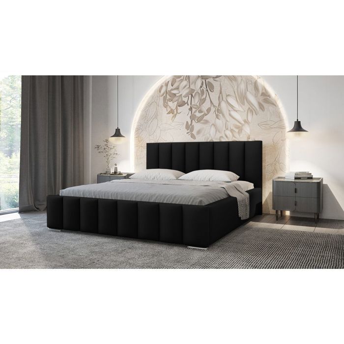Cadre de lit avec coffre NEO en velours - Gris anthracite - Dimensions du couchage : 160 x 200 cm