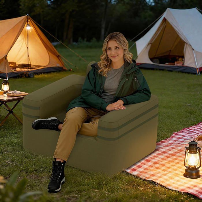 GOPLUS Canapé Gonflable 1 Place en Tissu Oxford 103x83x78 CM Pompe à Air Intégrée 3 Buses Double Valves Charge 150 KG