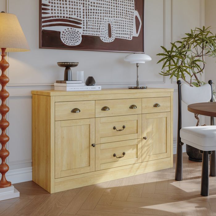 ADWOLT Buffet bahut Bois Buffet de salon avec 2 portes et 5 Tiroirs Poignées métalliques vintage 135x40x80cm
