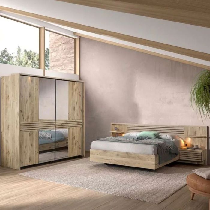 Chambre lit 140x190cm + tête de lit avec chevet et leds + armoire aspect bois et noir - NIKITA Chambre lit 140x190cm + tête de lit avec chevet et leds + armoire aspect bois et noir - NIKITA
