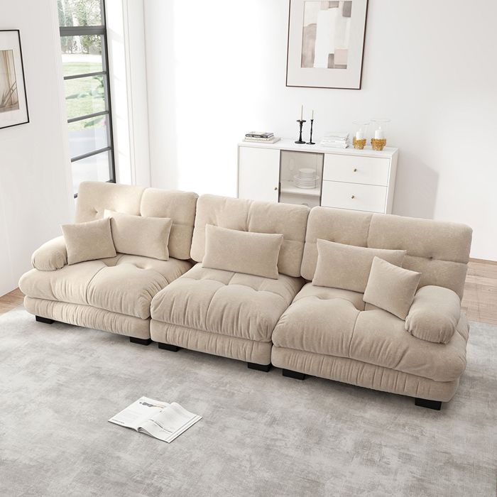 Canapé dangle modulaire 3 places - MINIMAL - Chenille café clair - Assise profonde - Coussins lombaires Canapé dangle modulaire 3 places - MINIMAL - Chenille café clair - Assise profonde - Coussins lombaires